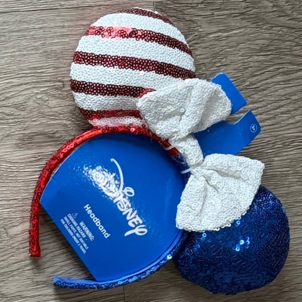 Disney Minnie Mouse Americana Sequin Headband Red White Blue Patriotic Ears Kids